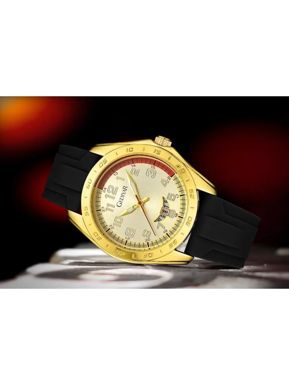 Men's Black Gold Analog Rubber Silicone Band Arabic Numbers Casual Wrist Watch